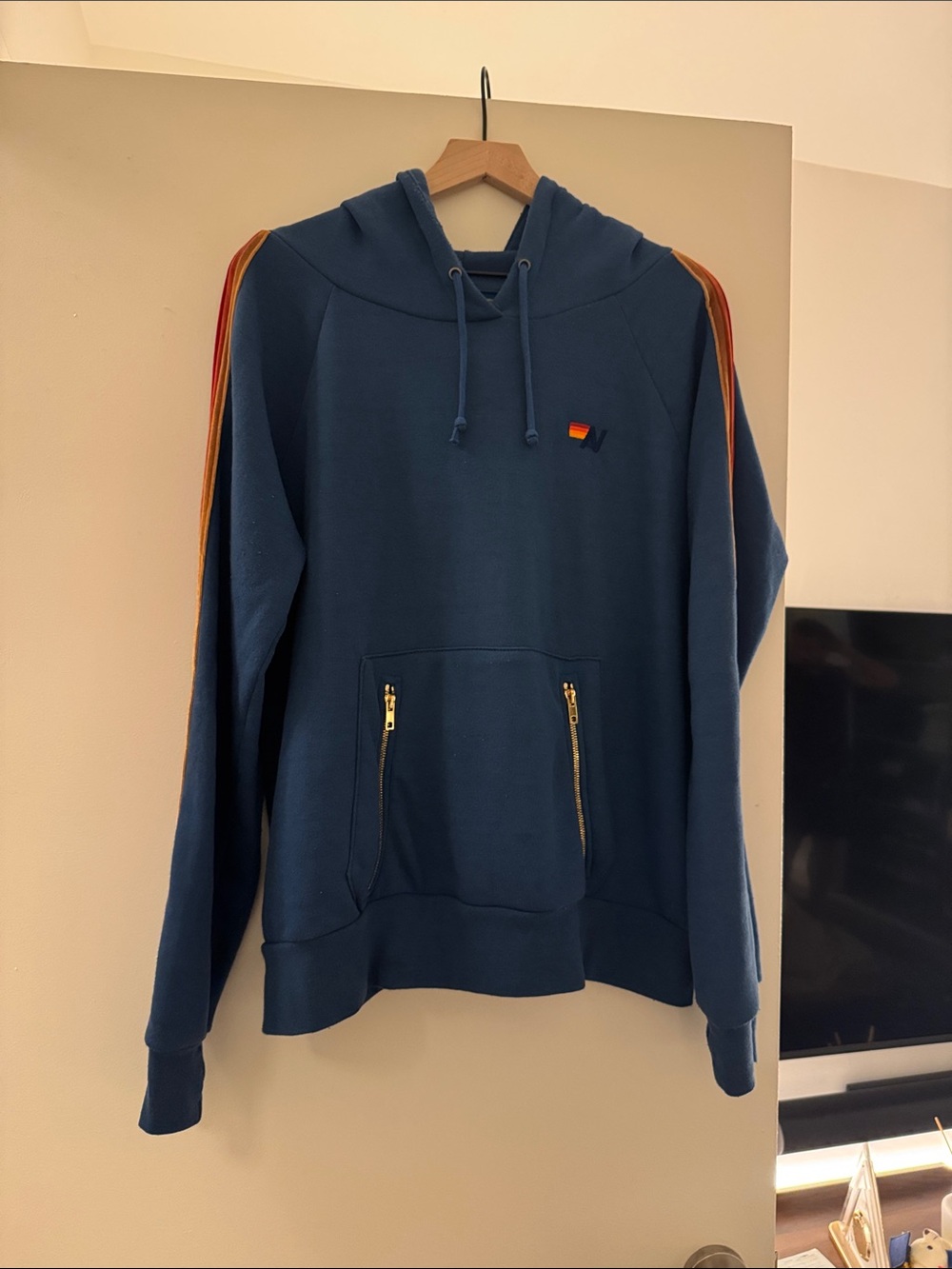 Aviator Nation Navy Hoodie with Orange and Red Shoulder Stripes